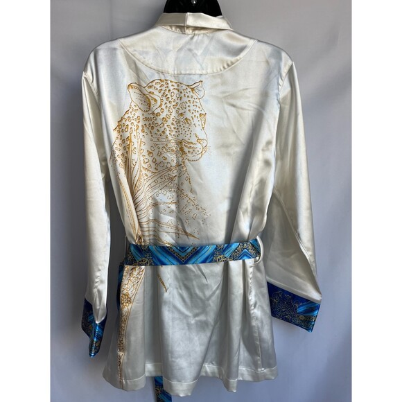 Antonio Stefano Cream White Satin Robe Size M Gold Blue Novelty Leopard Print - Picture 2 of 12